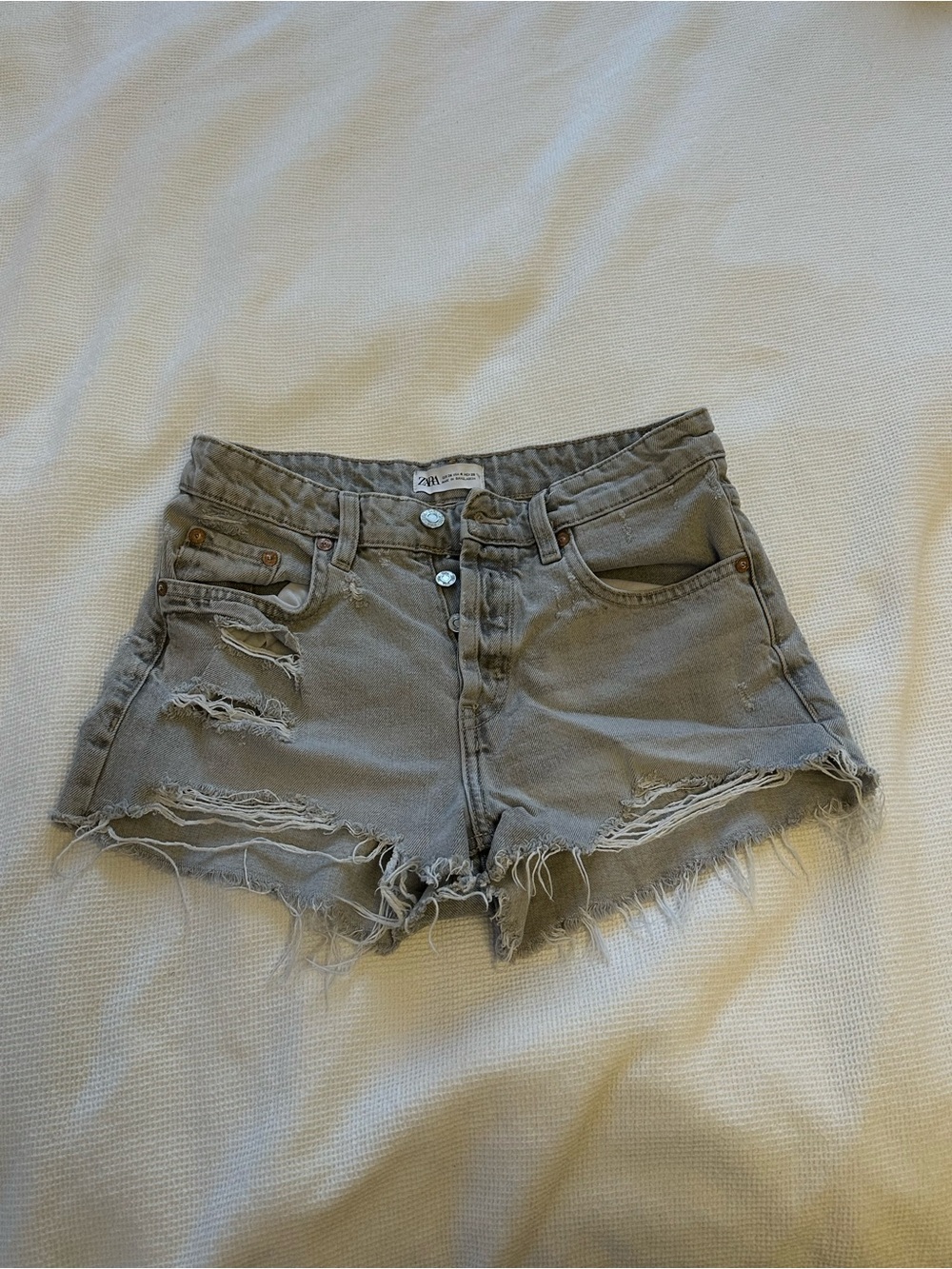 Zara Light Gray Distressed Denim Shorts
